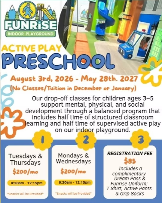 Funrise Active Play Preschool flyer showing morning schedule options and program details