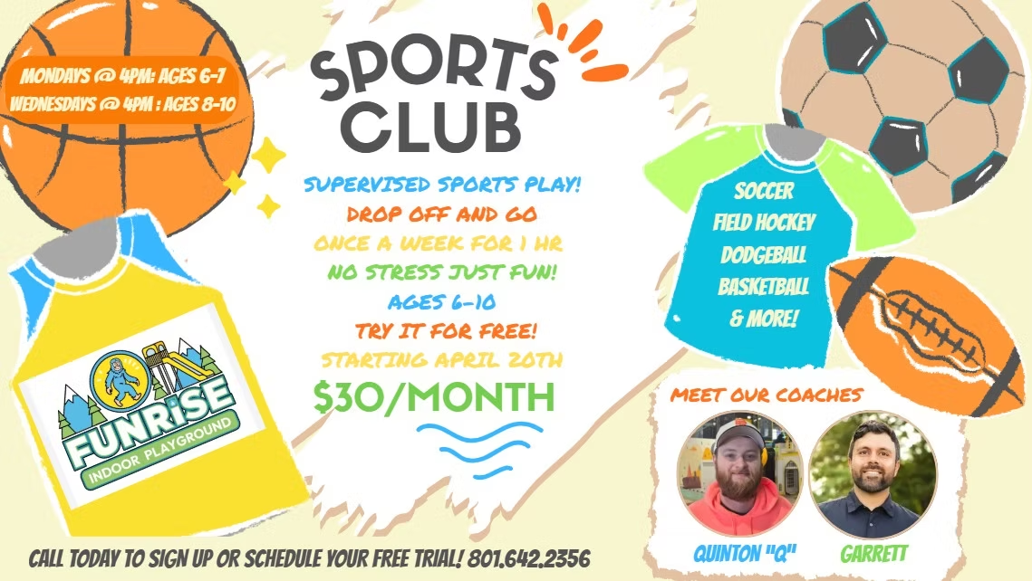 Funrise Sports Club flyer with basketball, soccer, kids activity, and monthly pricing details
